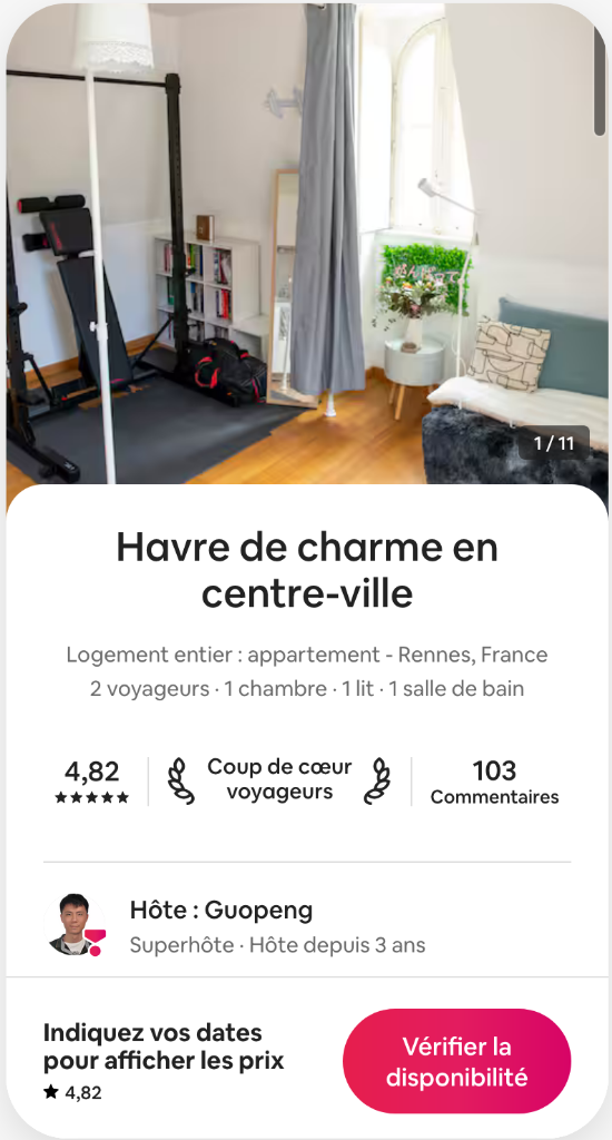Capture d'écran de notre annonce Airbnb avec une note de 4.82 et 103 avis